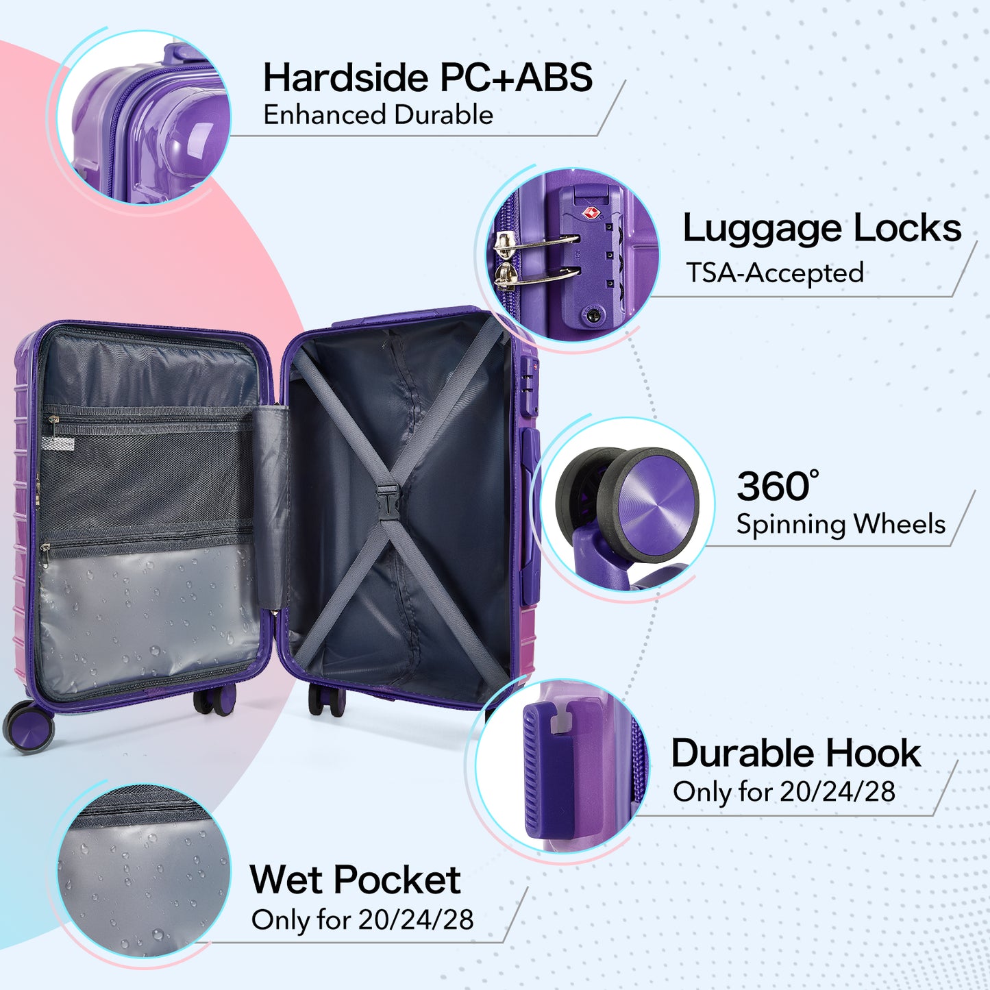 UUH Luggage Family Travel Set-3 Piece (Includes Canvas、Toiletry bag)-Purple-Pink