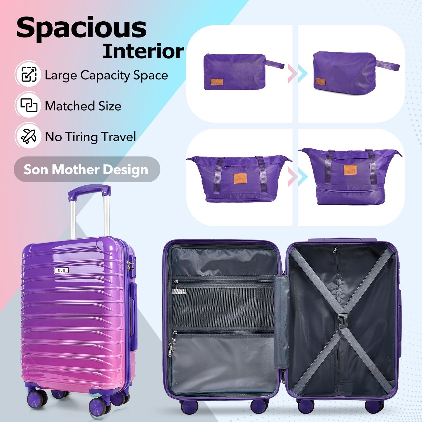 UUH Luggage Family Travel Set-3 Piece (Includes Canvas、Toiletry bag)-Purple-Pink