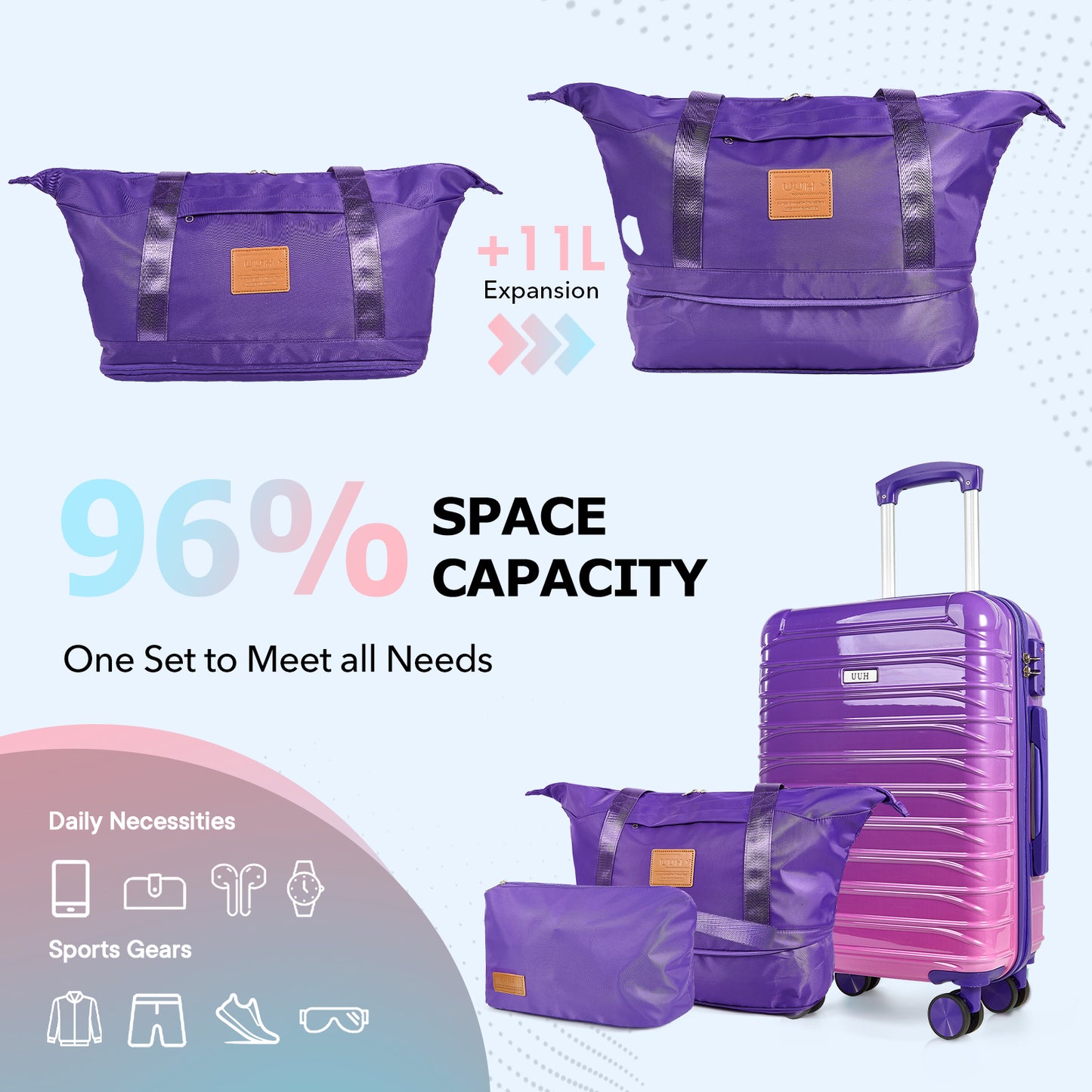 UUH Luggage Family Travel Set-3 Piece (Includes Canvas、Toiletry bag)-Purple-Pink