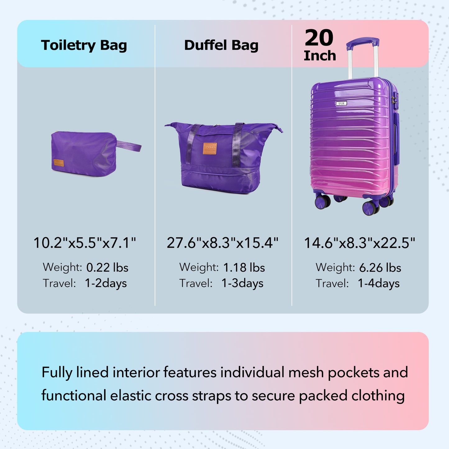UUH Luggage Family Travel Set-3 Piece (Includes Canvas、Toiletry bag)-Purple-Pink