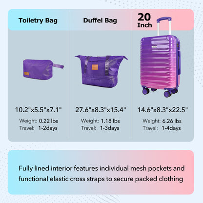 UUH Luggage Family Travel Set-3 Piece (Includes Canvas、Toiletry bag)-Purple-Pink