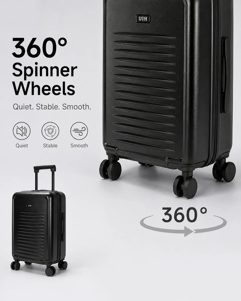 UUH 3 Piece Black Luggage Set ABS Hardshell