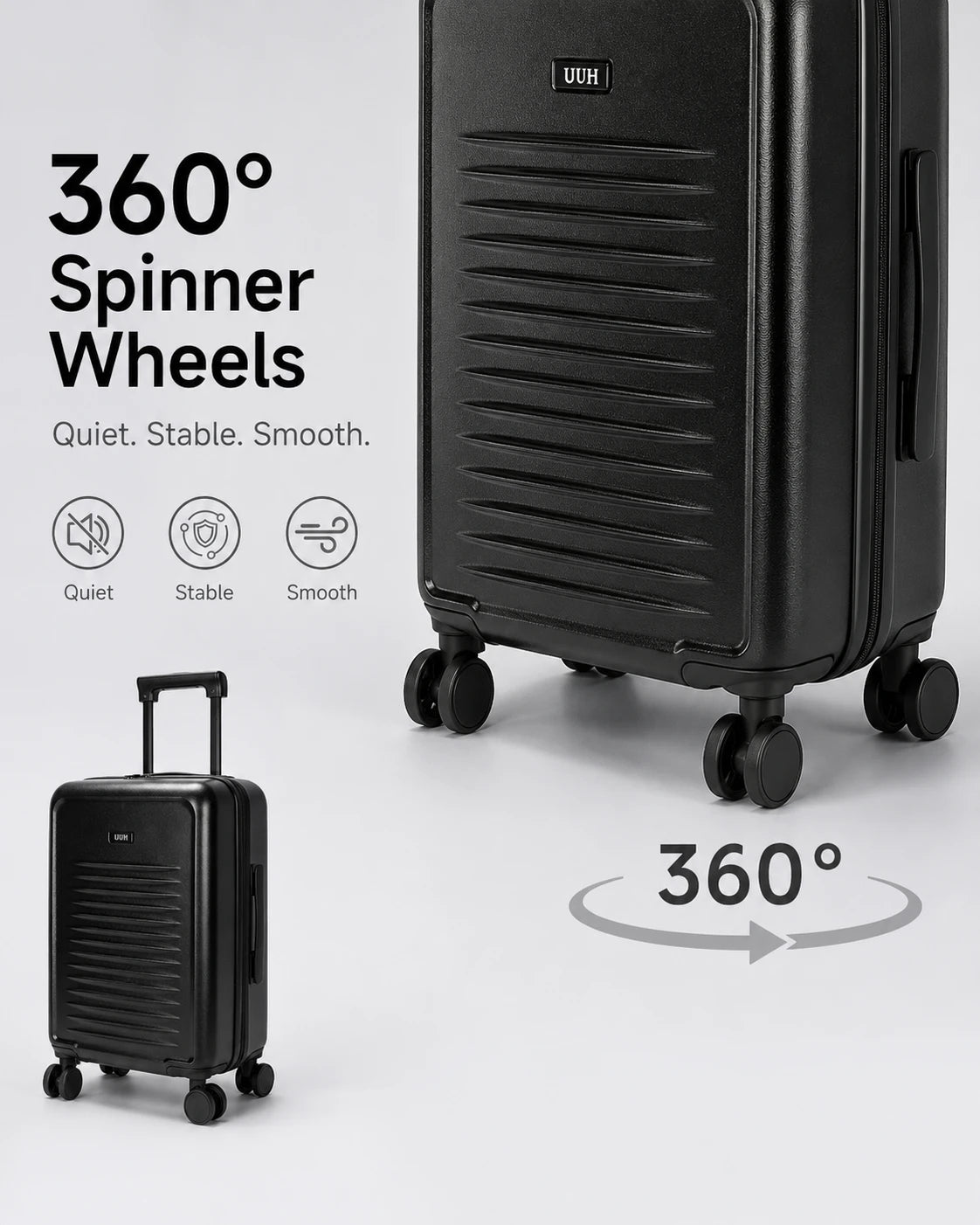 UUH 3 Piece Black Luggage Set ABS Hardshell