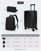 UUH 3 Piece Black Luggage Set ABS Hardshell