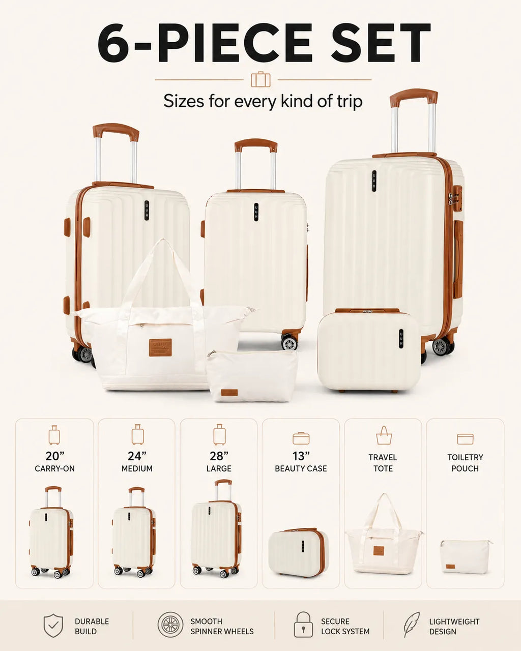 UUH 6 Piece Luggage Set White Hardshell Suitcases