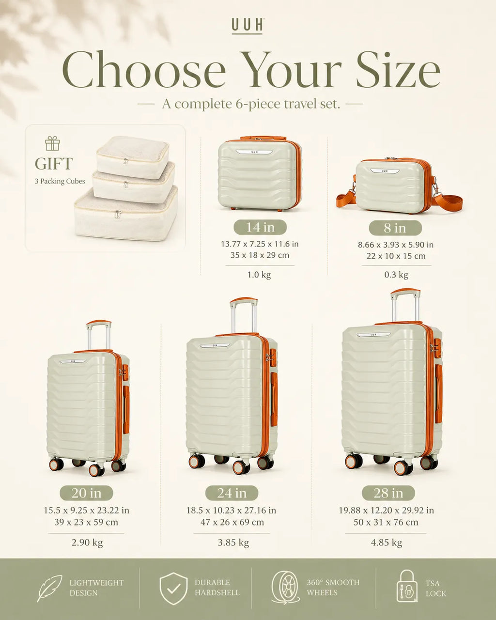 UUH 8 Piece Luggage Set Light Sage Green Hardshell Suitcases