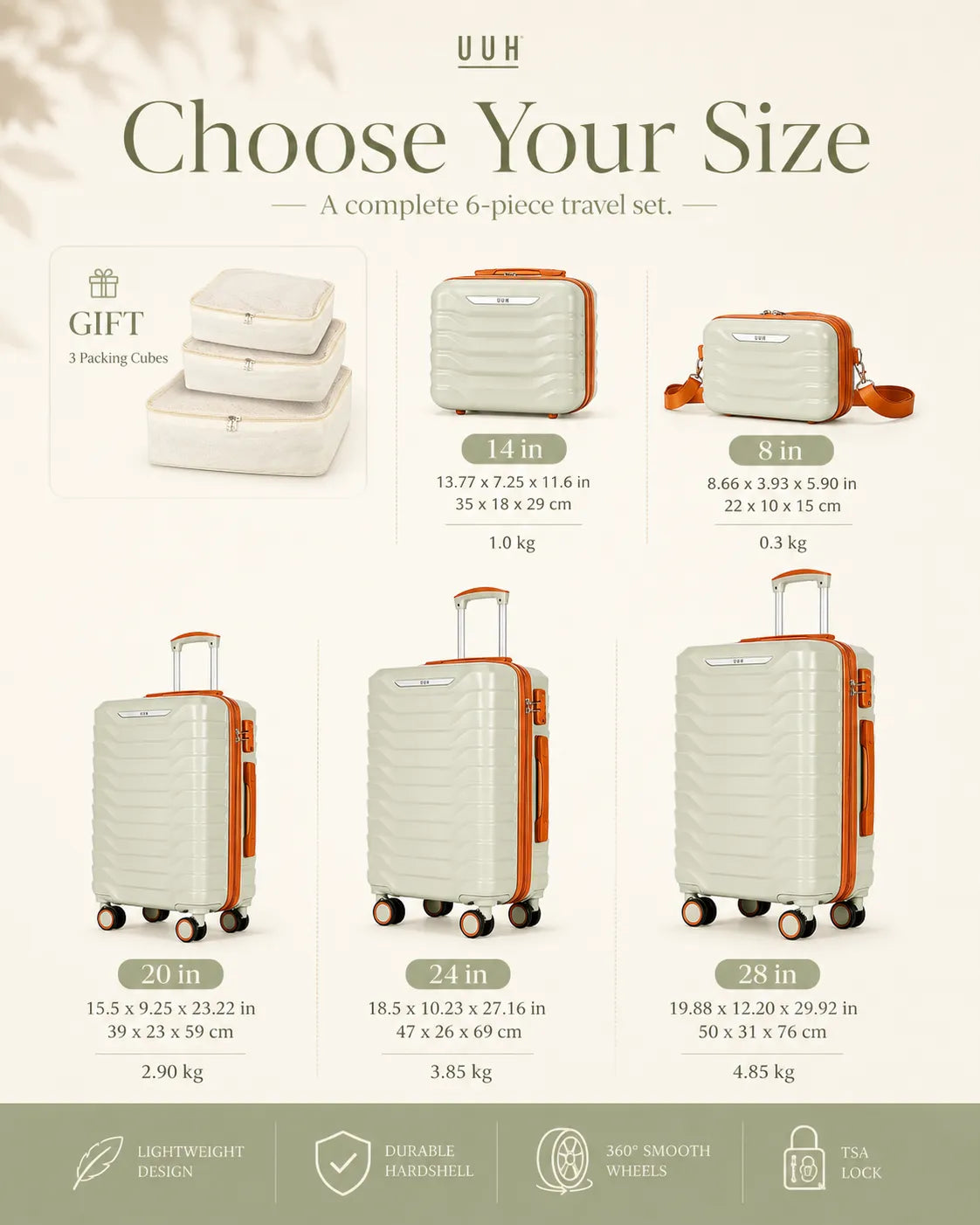 UUH 8 Piece Luggage Set Light Sage Green Hardshell Suitcases