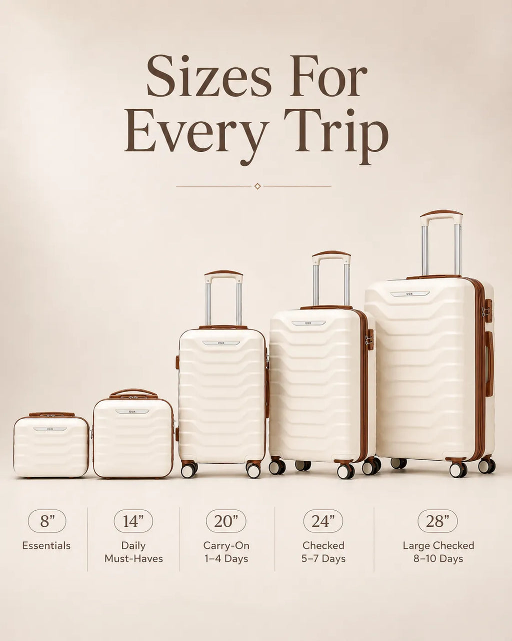 UUH 8 Piece Luggage Set White Hardshell Suitcases