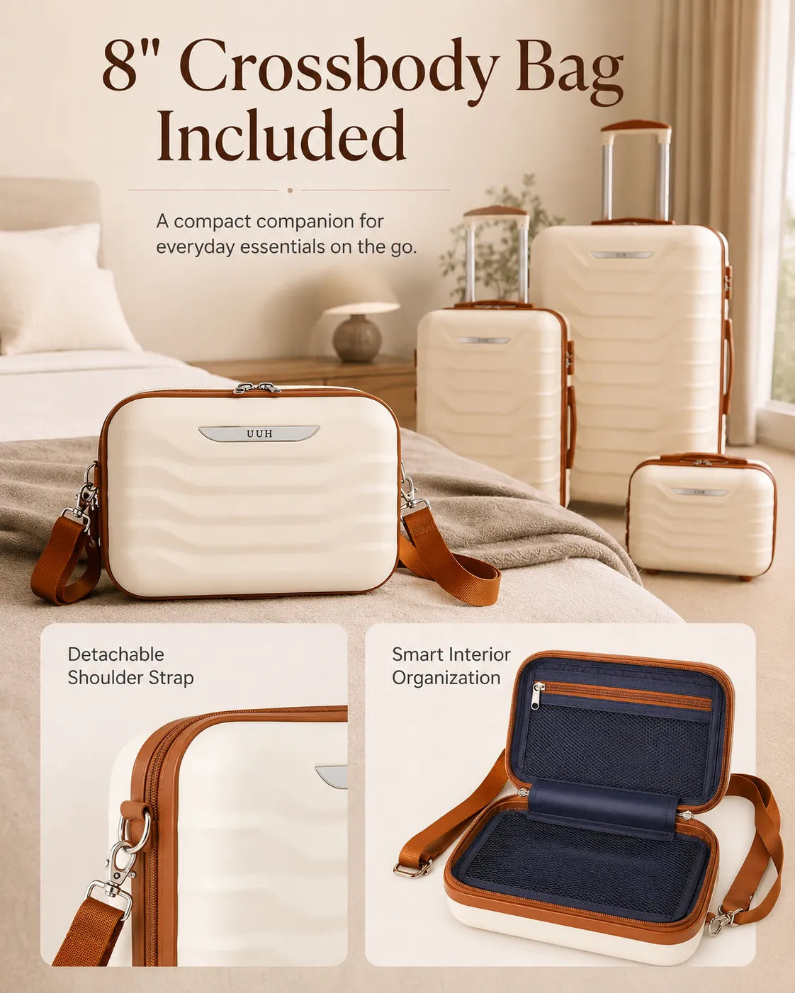 UUH 8 Piece Luggage Set White Hardshell Suitcases