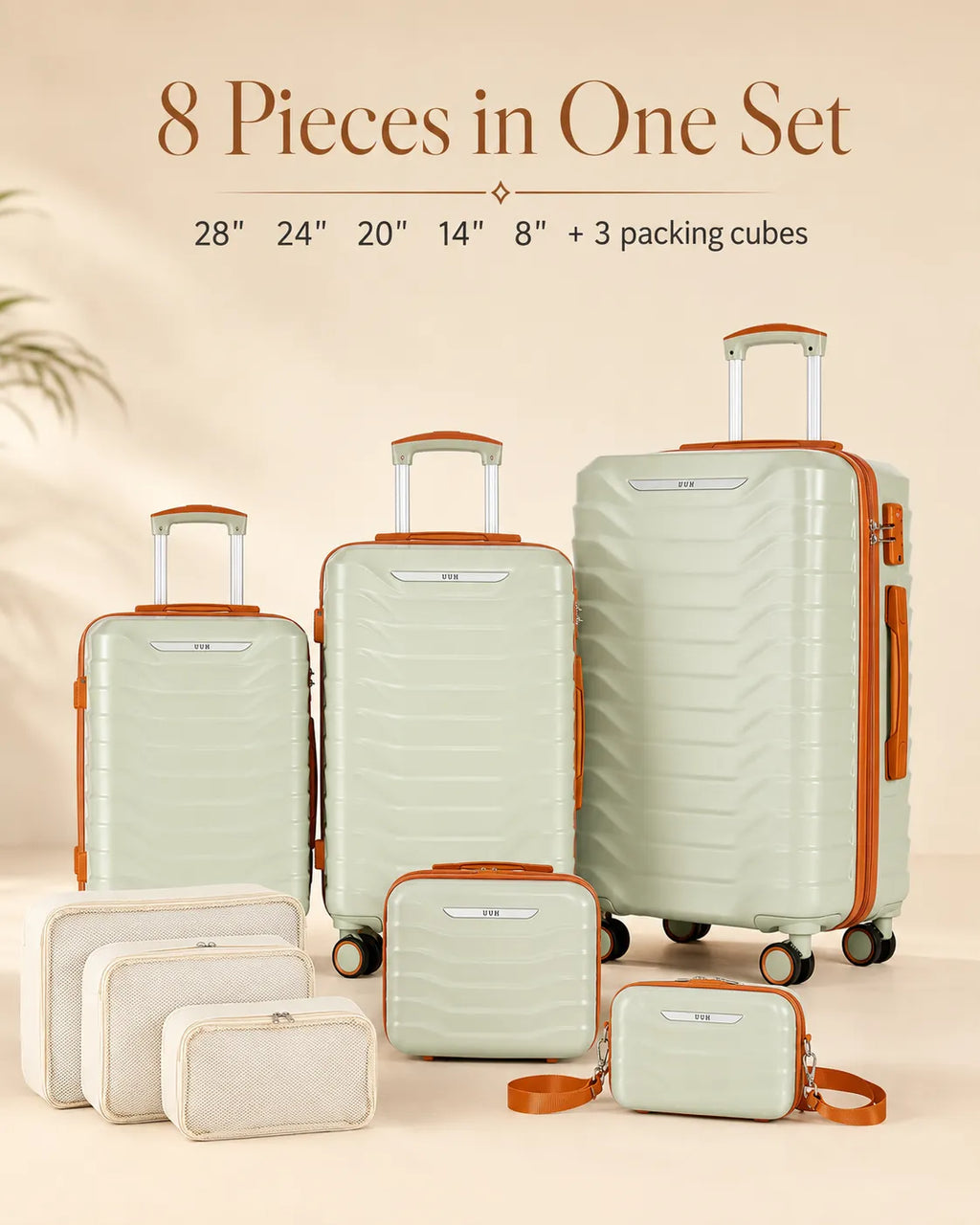 UUH 8 Piece Luggage Set Light Sage Green Hardshell Suitcases