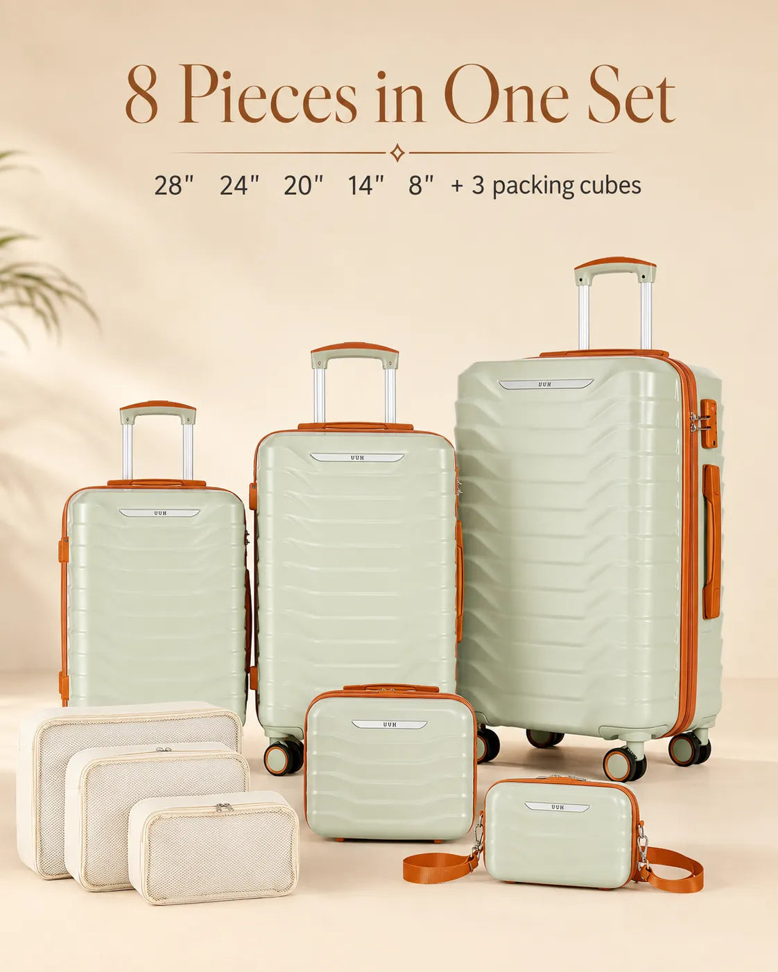 UUH 8 Piece Luggage Set Light Sage Green Hardshell Suitcases