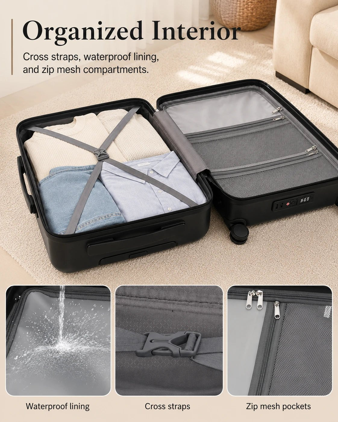 UUH 3 Piece Black Luggage Set ABS Hardshell - UUH OFFICIAL - Luggage Set - UUH OFFICIAL