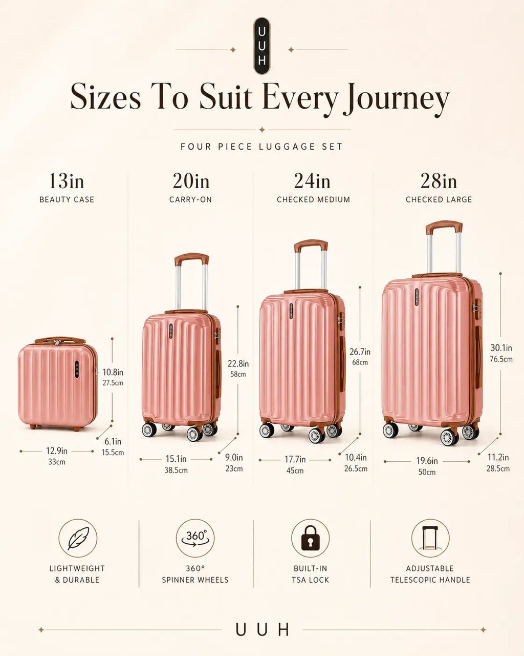 UUH 6 Piece Luggage Set Rose Gold Hardshell Suitcases - UUH OFFICIAL - Luggage Set - UUH OFFICIAL