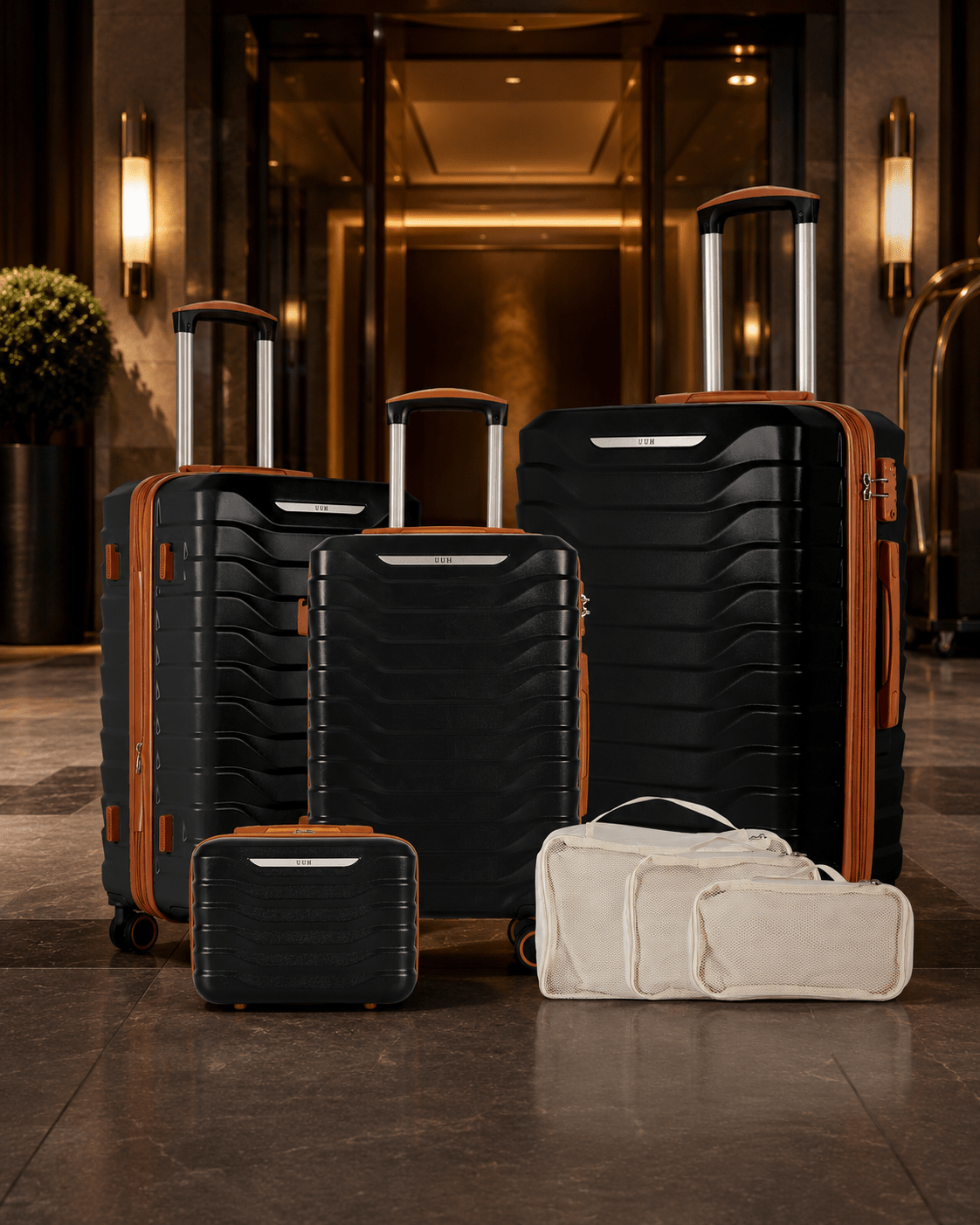 UUH 7 Piece Luggage Set Black Hardshell Suitcases - UUH OFFICIAL - Luggage Set - UUH OFFICIAL
