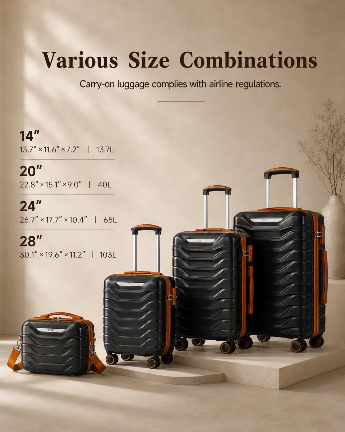 UUH 7 Piece Luggage Set Black Hardshell Suitcases - UUH OFFICIAL - Luggage Set - UUH OFFICIAL