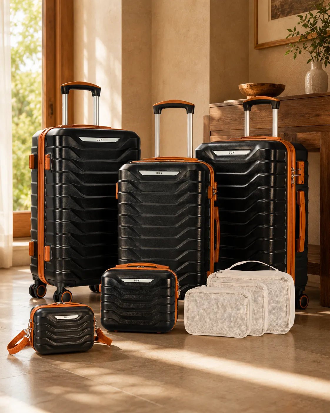 UUH 8 Piece Luggage Set Black Hardshell Suitcases - UUH OFFICIAL - Luggage Set - UUH OFFICIAL