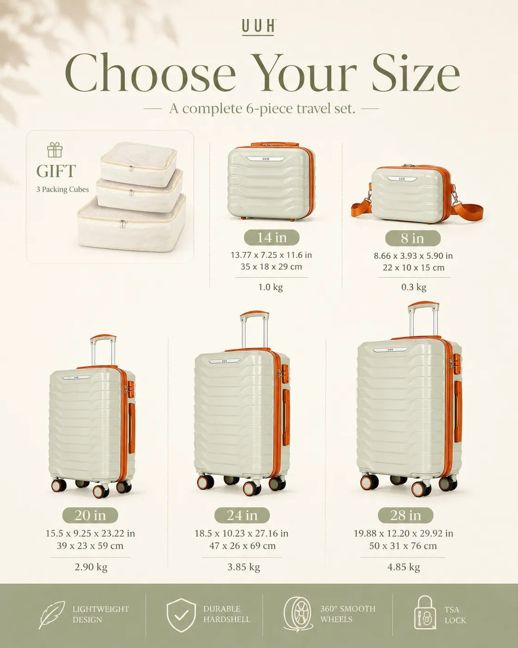UUH 8 Piece Luggage Set Light Sage Green Hardshell Suitcases - UUH OFFICIAL - Luggage Set - UUH OFFICIAL