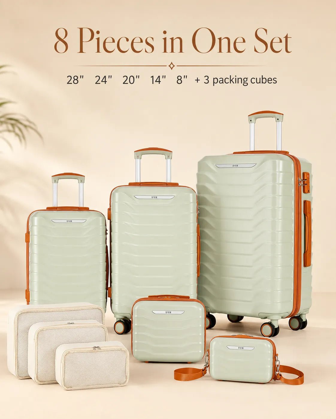UUH 8 Piece Luggage Set Light Sage Green Hardshell Suitcases - UUH OFFICIAL - Luggage Set - UUH OFFICIAL