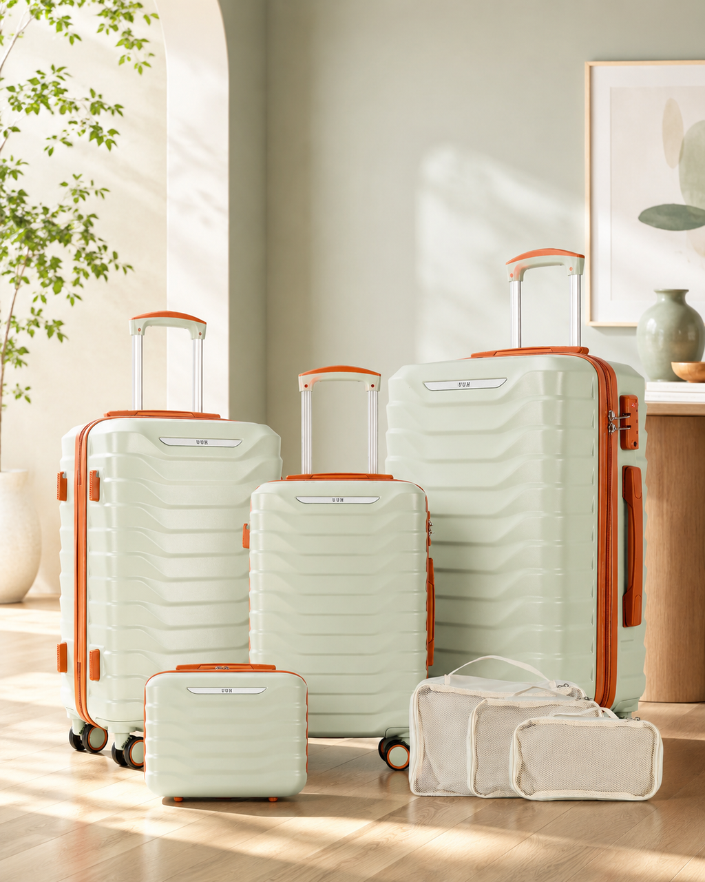 UUH 7 Piece Luggage Set Light Sage Green Hardshell Suitcases